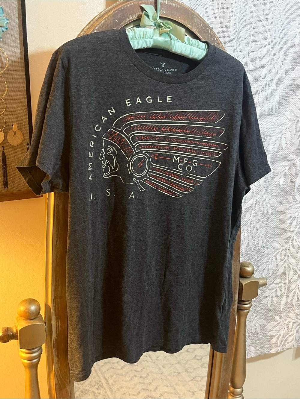 American Eagle Outfitters Men's Dark Gray Graphic Tee with Red Accent